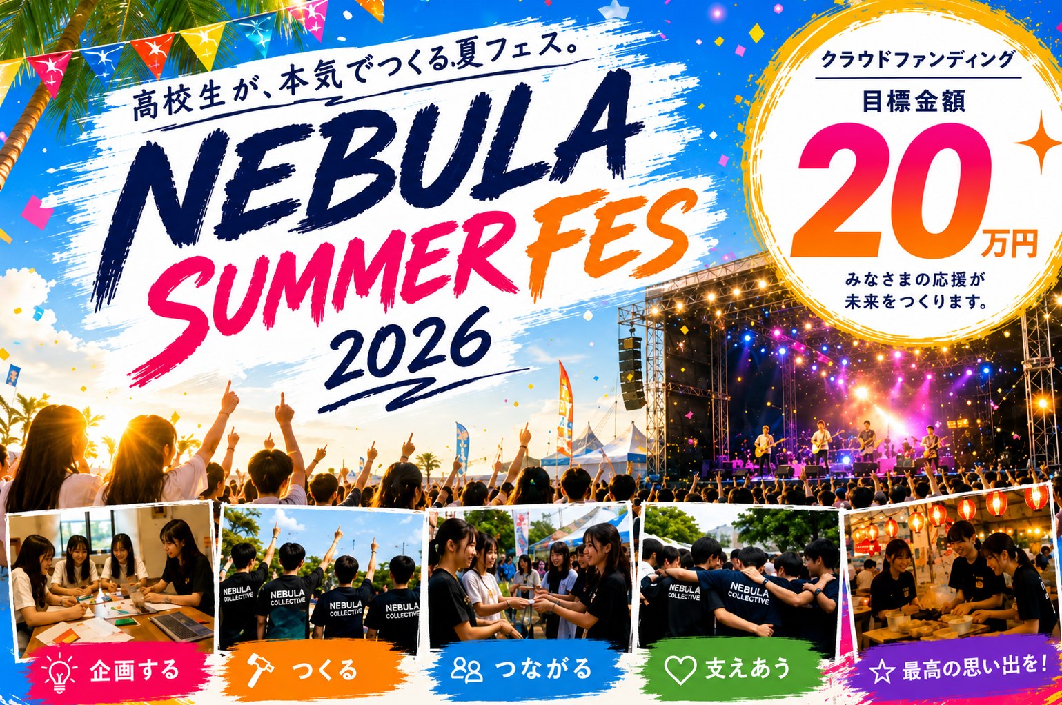 NEBULA SUMMER FES 2026 クラウドファンディング メインビジュアル。目標金額20万円。