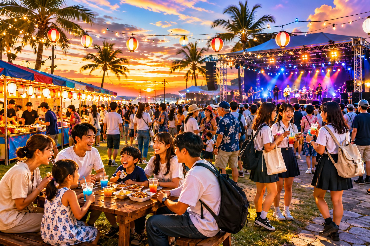夕暮れのフェス会場で食事や音楽を楽しむ家族や地域の人たち