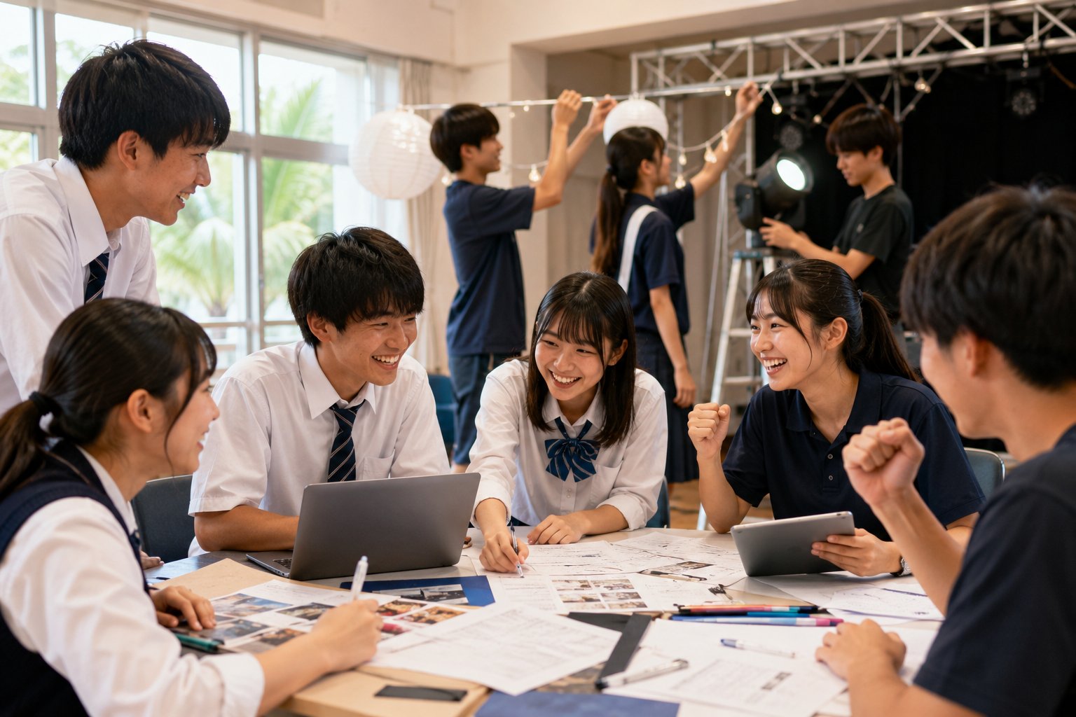 イベントの企画会議で笑顔で話し合う高校生の実行委員